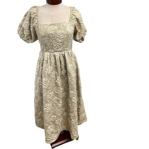 In February Brocade Square Neck Dress Prairie Cottagecore Sz Medium Puff Sleeve
